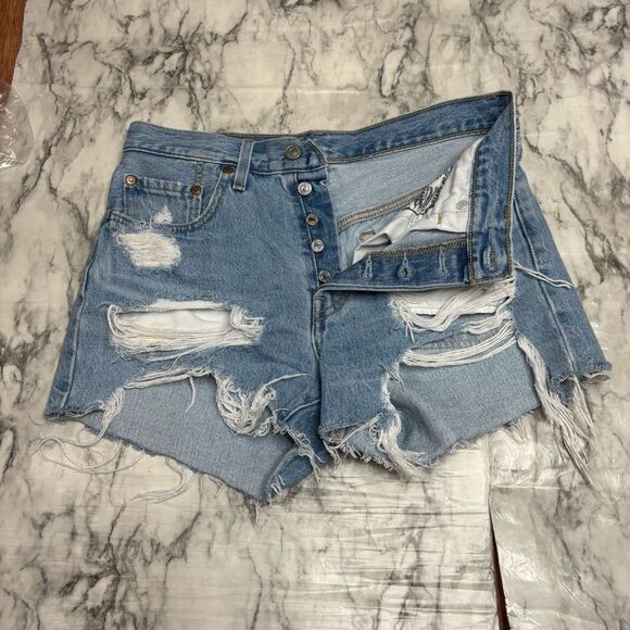 Levi’s button fly high rise vintage 90s Y2K distressed denim jean shorts size 27 - Picture 1 of 9